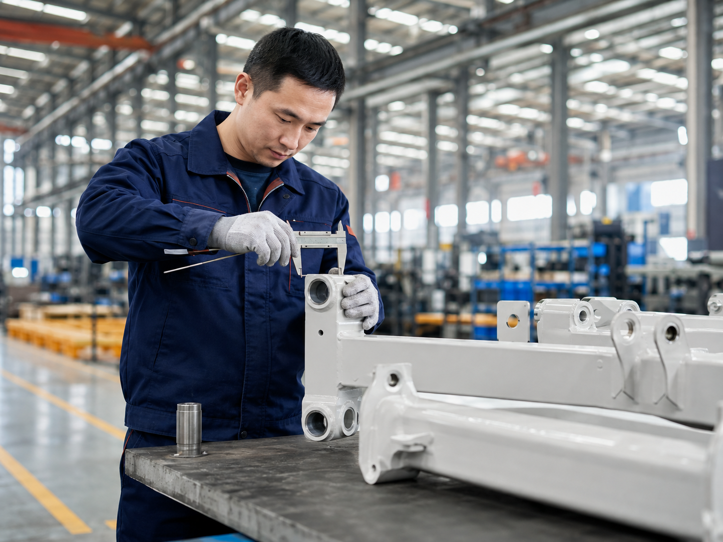 Worker checking a metal component with a precision measuring tool