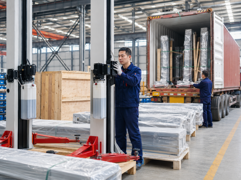 Finished automotive lift equipment prepared for packing and shipment