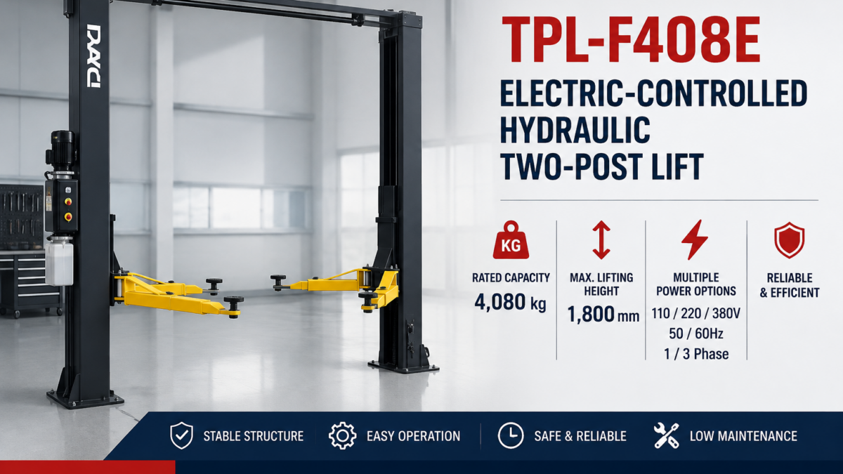 DAYI TPL-F408E two-post lift workshop planning graphic