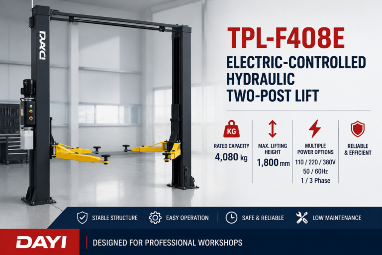 DAYI TPL-F408E two-post lift workshop planning graphic