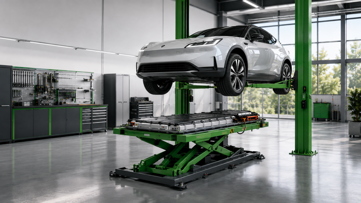 EV battery lift equipment in an automotive workshop