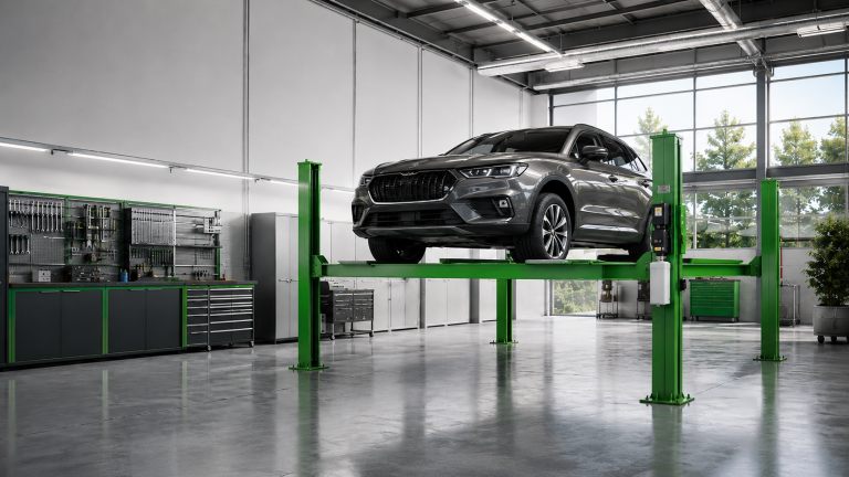 Four-post lift equipment in an automotive workshop
