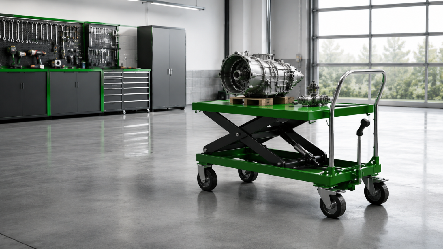 Hydraulic platform truck equipment in an automotive workshop