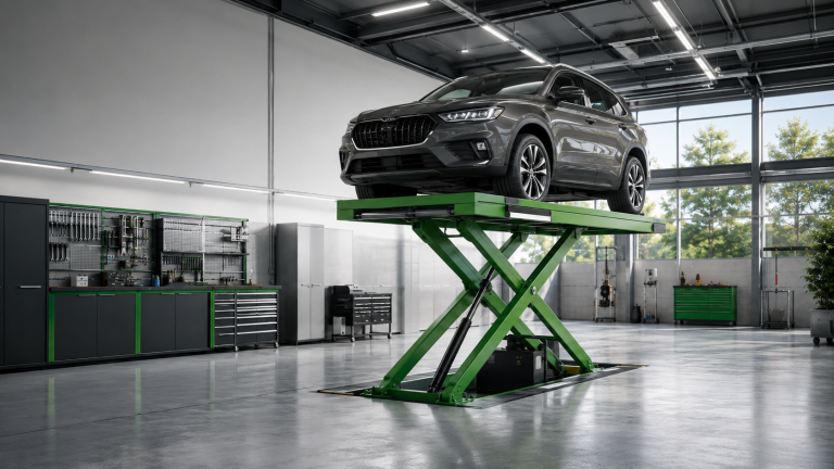 Scissor lift equipment in an automotive workshop