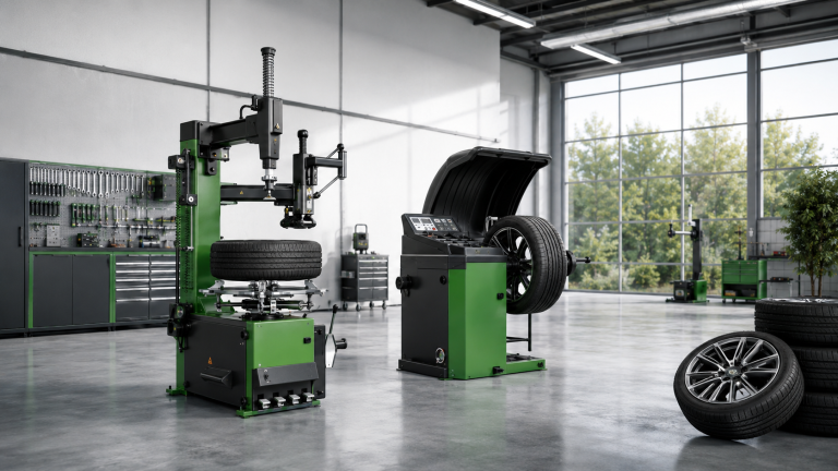 Tire service equipment in an automotive workshop
