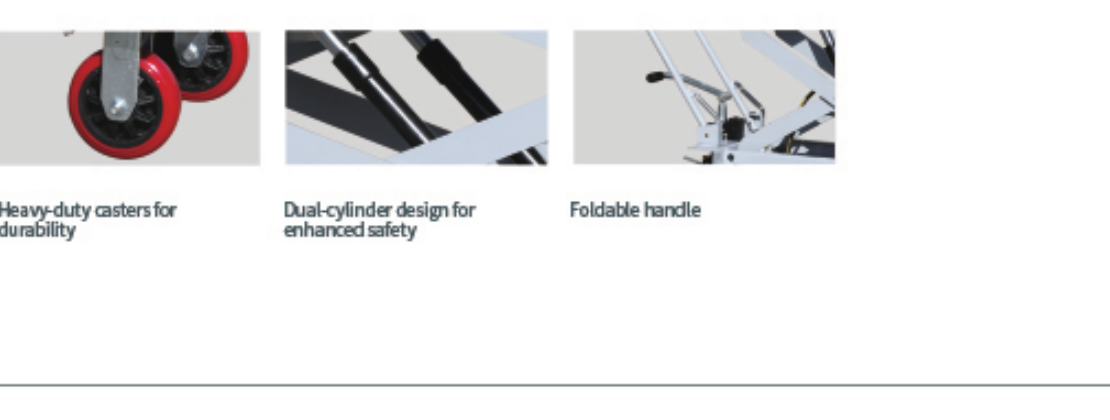 TJ-1015S EV battery lift caster, dual-cylinder and foldable-handle detail views