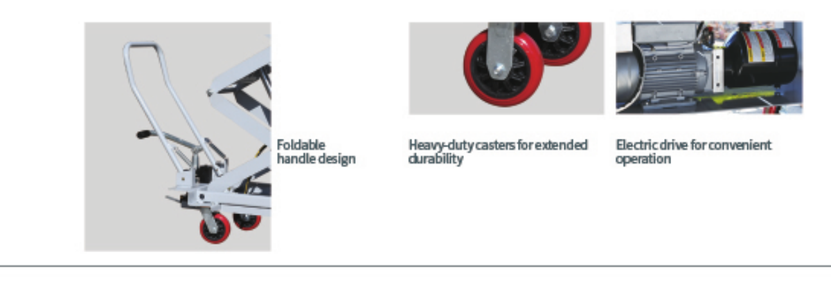 TJ-1205 EV battery lift foldable handle, caster and electric-drive detail views