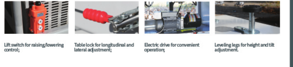 TJ-1212 EV battery lift control, table lock, electric drive and leveling-leg detail views