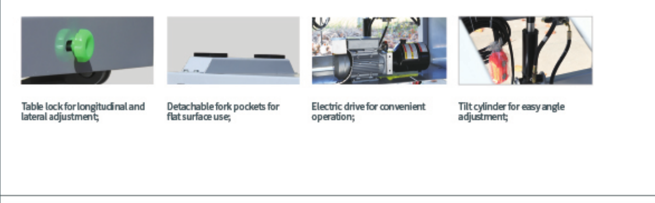 TJ-1215D EV battery lift table lock, fork pocket, drive and tilt-cylinder details