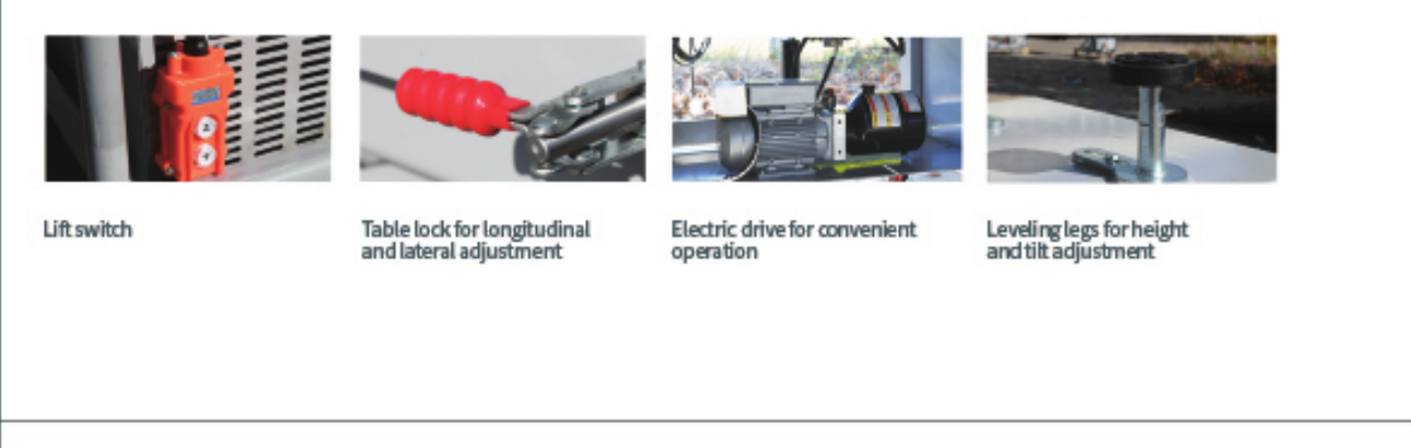 TJ-1215N EV battery lift switch, table lock, electric drive and leveling-leg detail views