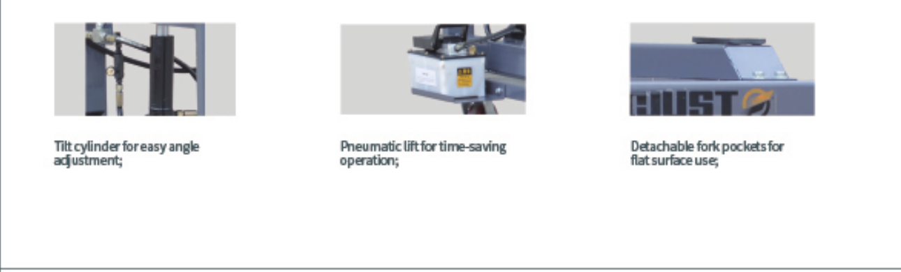 TJ-1215Q EV battery lift tilt cylinder, pneumatic lift and fork-pocket detail views