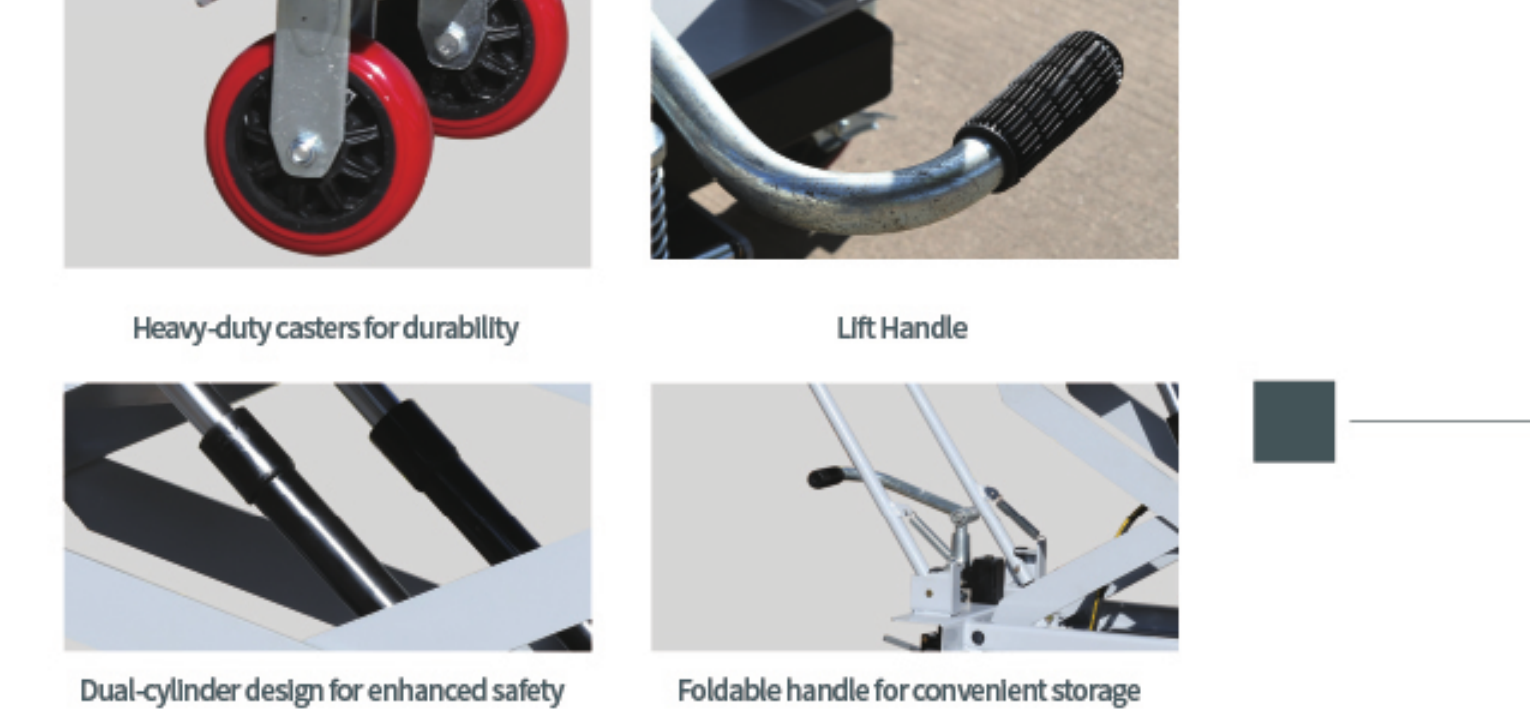 TJ-221015 hydraulic platform truck caster, handle and cylinder detail views