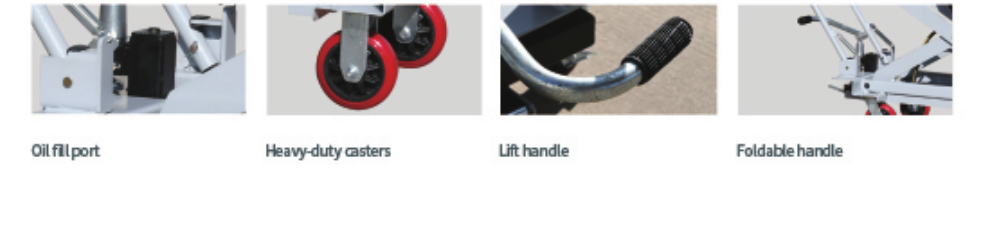 TJ-221080 platform truck oil fill port, casters, lift handle and foldable handle detail views
