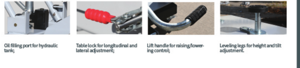 TJ-2212 EV battery lift oil port, table lock, lift handle and leveling-leg detail views
