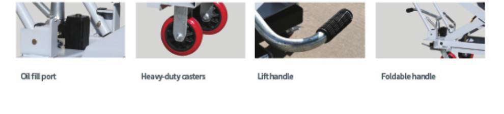 TJ-2250F platform truck oil fill port, casters, lift handle and foldable handle detail views