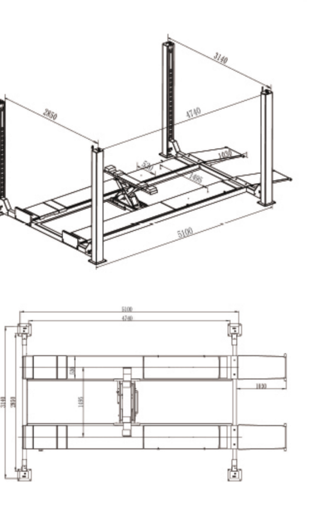 TJST-6835-5T four-post lift dimensional drawing