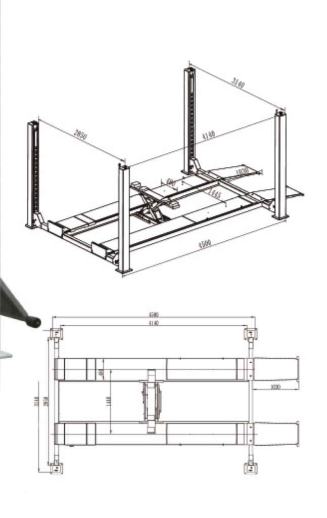 TJST-6835A four-post lift dimensional drawing