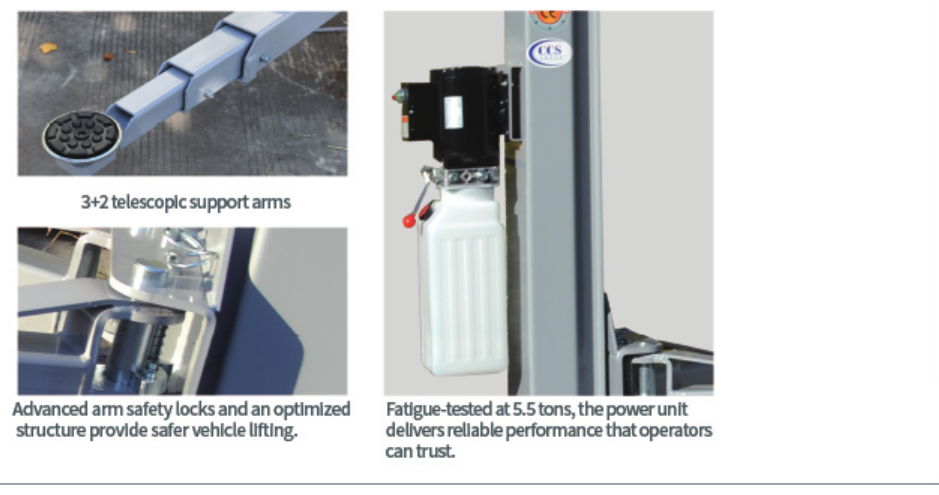 TJST-C420 two-post lift detail views showing telescopic arms, arm safety lock and power unit
