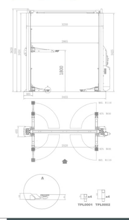 TPL-C408E gantry two-post lift dimensional drawing