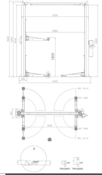 TPL-C408S gantry two-post lift dimensional drawing