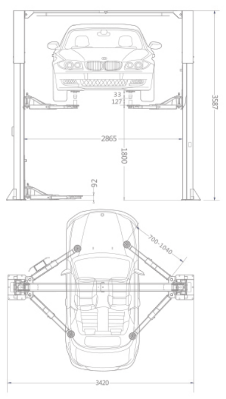 TPL-C450E two-post lift dimensional drawing
