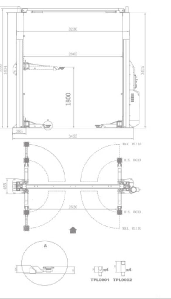 TPL-C455E two-post lift dimensional drawing