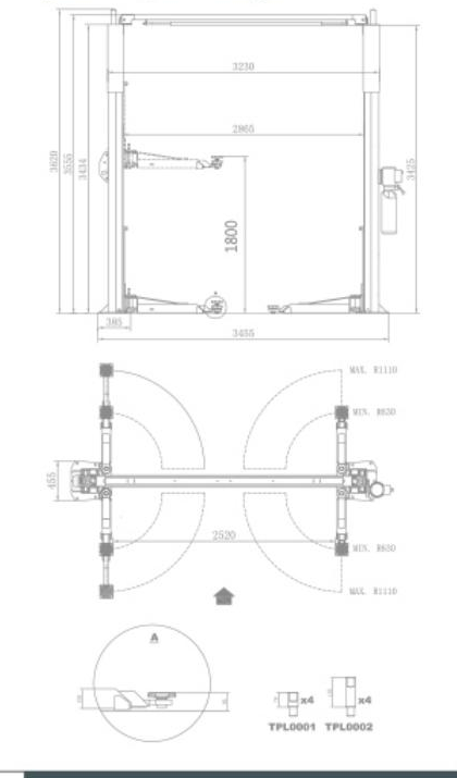 TPL-C455S gantry two-post lift dimensional drawing