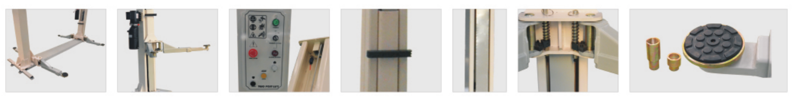 TPL-F408BE two-post lift detail views showing support frame, control components, column components and lifting-arm components