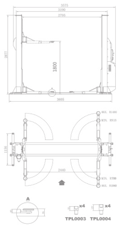 TPL-F408BE two-post lift dimensional drawing