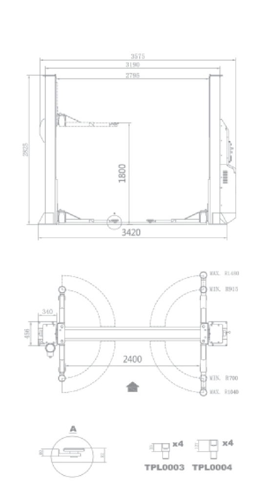 TPL-F408E two-post lift dimensional drawing