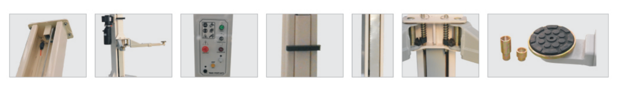 Product detail image showing components of the DAYI TPL-F408E two-post lift.