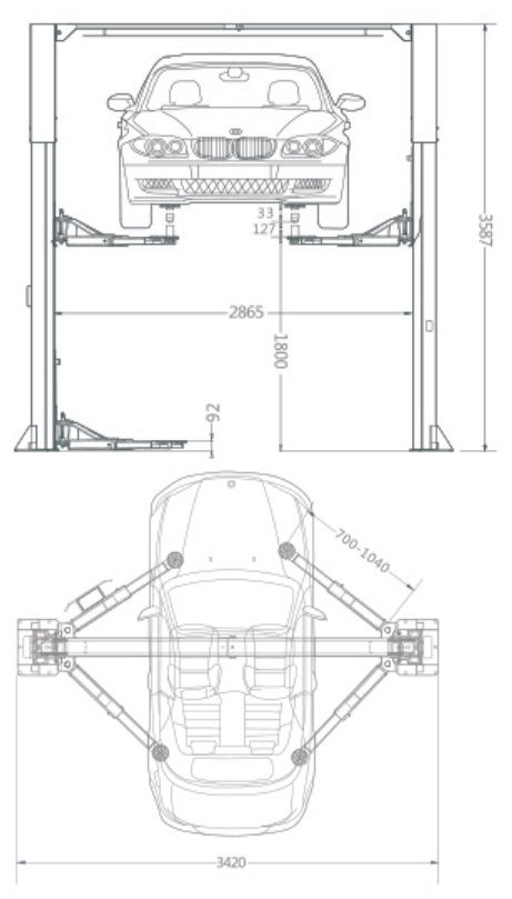 TPL-F450SA two-post lift dimensional drawing