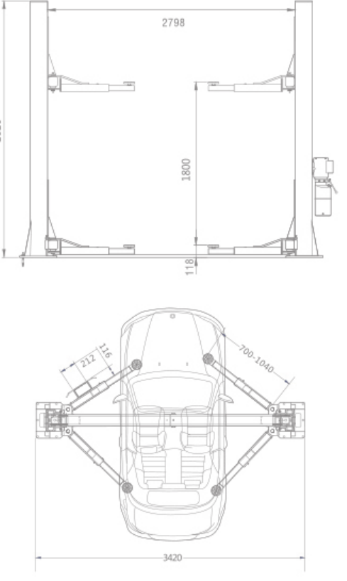 TPL-F450SB two-post lift dimensional drawing