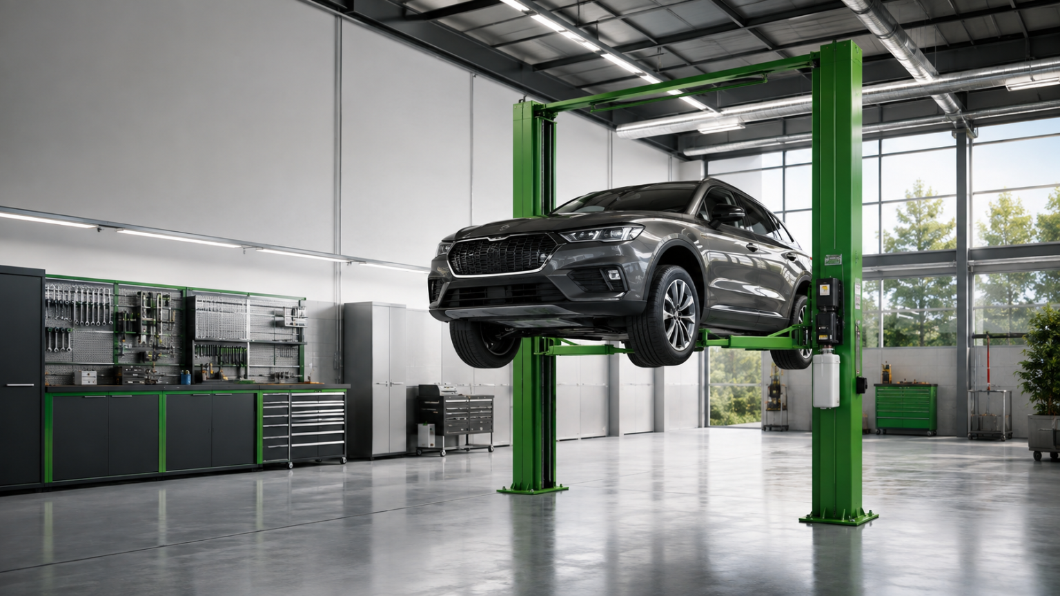 Two-post car lift in an automotive workshop