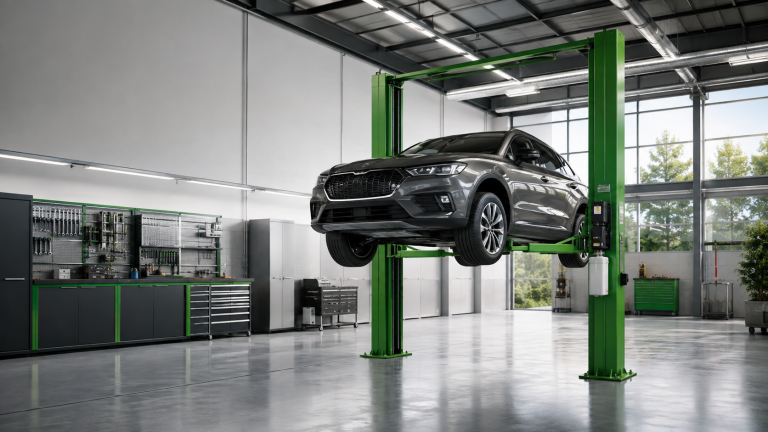 Two-post car lift in an automotive workshop