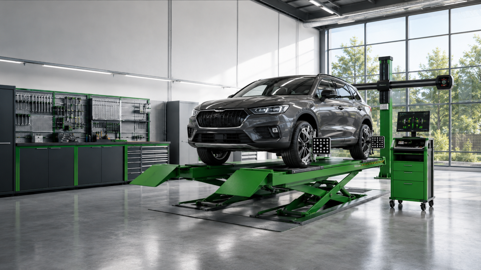 Wheel alignment lift equipment in an automotive workshop