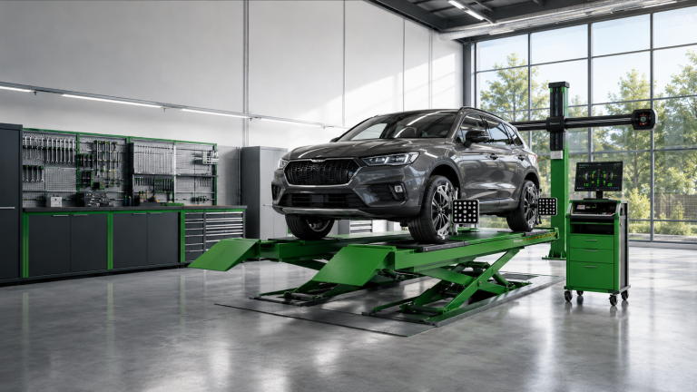 Wheel alignment lift equipment in an automotive workshop